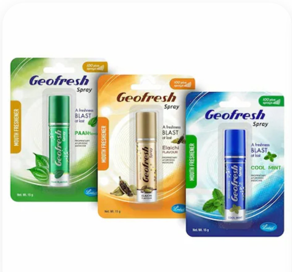 जिओ फ्रेश आयुर्वेदिक माउथ स्प्रे (Geofresh Ayurvedic Instant Mouth Freshener Spray 15gm each (PAAN-ELAICHI-MINT) Pack of 3)